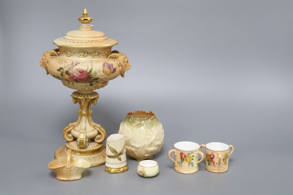 A Royal Worcester blush pedestal lidded vase, height 25cm and various miniature vases, bowls, etc.